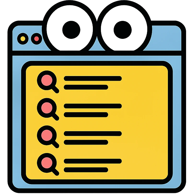 funny icon of a browser window with shocked eyes peeking over a search history list emoji