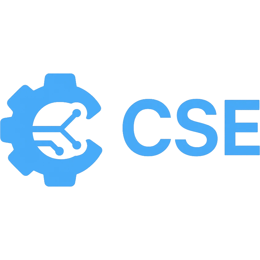 modern logo for CSE, clean geometric shapes, blue and white color scheme, tech-inspired emoji