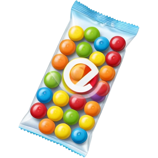 Ultra simplified Skittles package, just a small rectangular rainbow colored package with a few small green circle candies. Absolute minimal design with clean lines. emoji