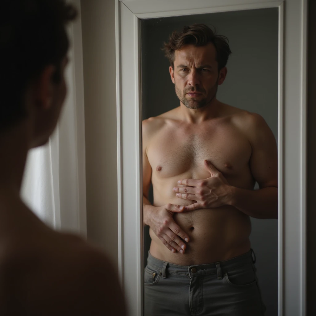 realistic 4K man in front of the mirror squeezing his belly with one hand and making a grimace of hatred emoji
