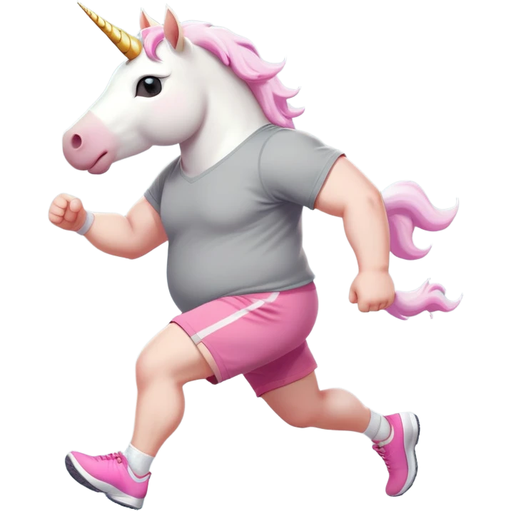 friendly anthropomorphised male white unicorn with an extra chunky, very strong and stocky build, arms and legs matching the white of the head, in grey shorts and pink t-shirt, wearing dark sunglasses, jogging upright in a relaxed pose emoji