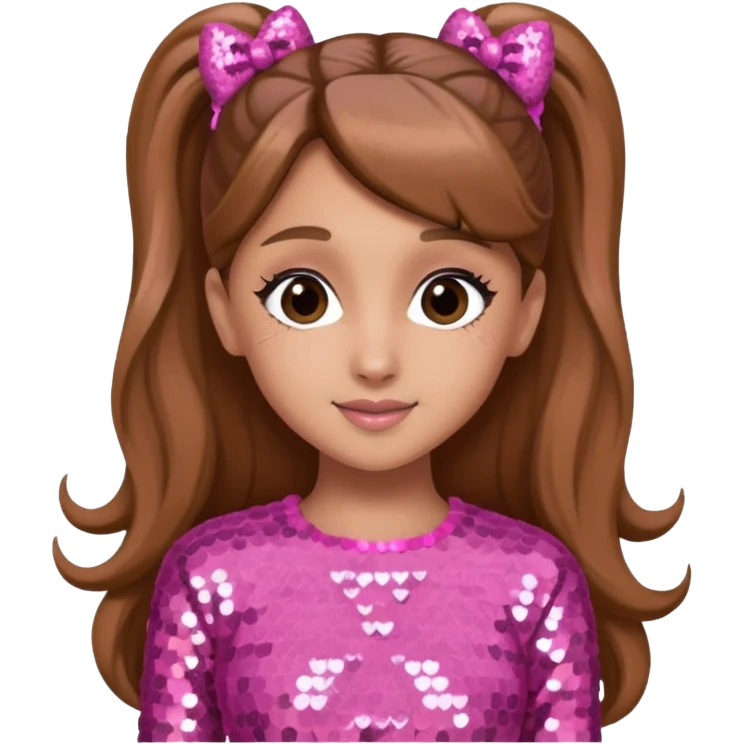 Ariana Grande with long light brown hair, pink sequin outfit emoji