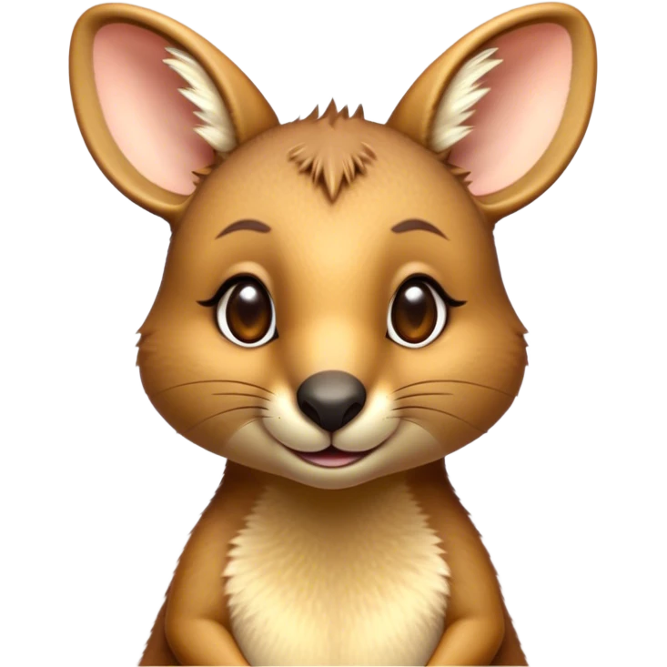 Cinematic Cute Wallaby Portrait Emoji, Head tilted playfully and inquisitively, featuring a glossy tan fur with delicate brown accents and a charming, alert expression, round, sparkling eyes filled with gentle curiosity, Simplified yet irresistibly adorable features, highly detailed, glowing with a warm, friendly glow, high shine, affectionate and bouncy, stylized with a touch of outback whimsy, bright and endearing, soft glowing outline, capturing the essence of a mischievous yet loving wallaby, so playful it feels like it could skip out of the screen into your arms! emoji