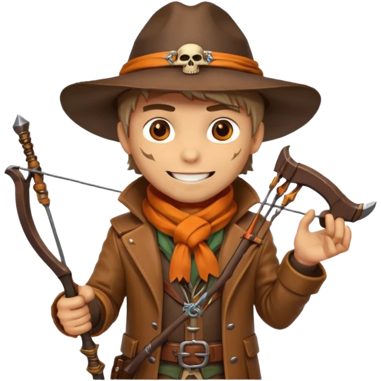 male human monster hunter emoji, wearing brown leather coat and wide hat, holding crossbow or rifle, with amulet shaped like skull, Halloween fantasy theme, confident smile, orange scarf, Apple emoji style, clean white background, square image emoji