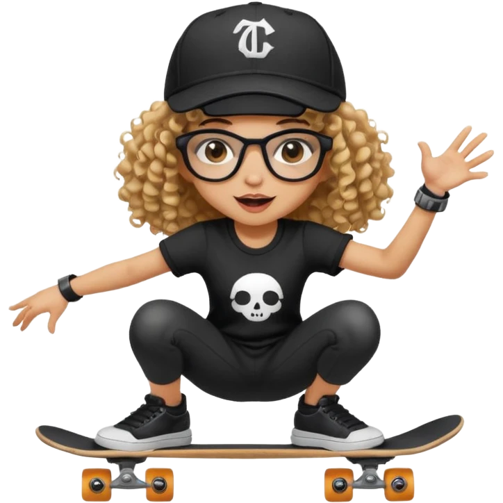 ["An excited girl with light skin, curly hair, wearing a baseball cap and square glasses, dressed in goth fashion, is skateboarding while holding a camera."] emoji