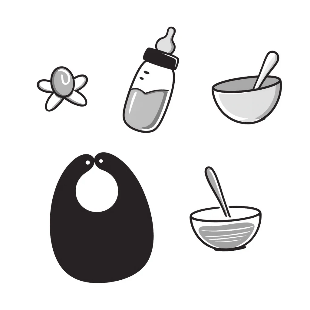 a baby feeding set including a baby bottle, pacifier, bowl with spoon, and bib, in pastel colors dd9fb0, ffc6d3, a3bfc9, c4bee2, f1b091, detailed hand-drawn doodle style emoji