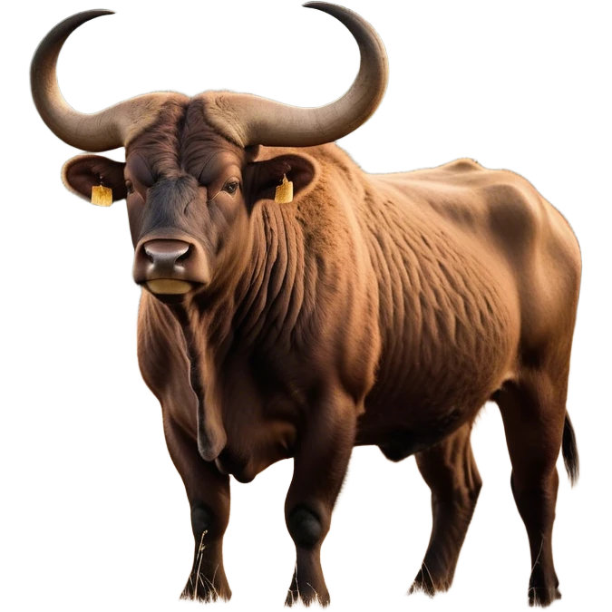 Cinematic Noble Domestic Ox Portrait Emoji, Poised and stalwart, with a massive, muscular build and a thick, smooth hide in deep earthy tones, prominent, curved horns, and steady, soulful eyes, Simplified yet sharp and sophisticated features, highly detailed, glowing with a warm, dignified glow, high shine, intelligent and dependable, stylized with an air of timeless strength, focused and attentive, soft glowing outline, capturing the essence of a watchful and confident ox that feels as though it could plod out of the screen with effortless authority! emoji