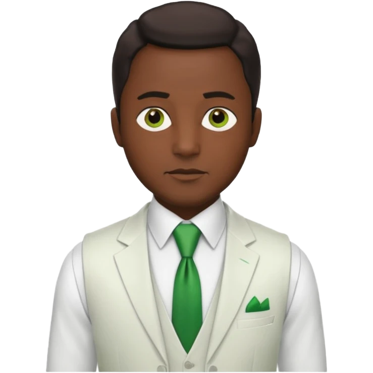 businessman, black skin, brown eyes, white suit vest, green tie emoji