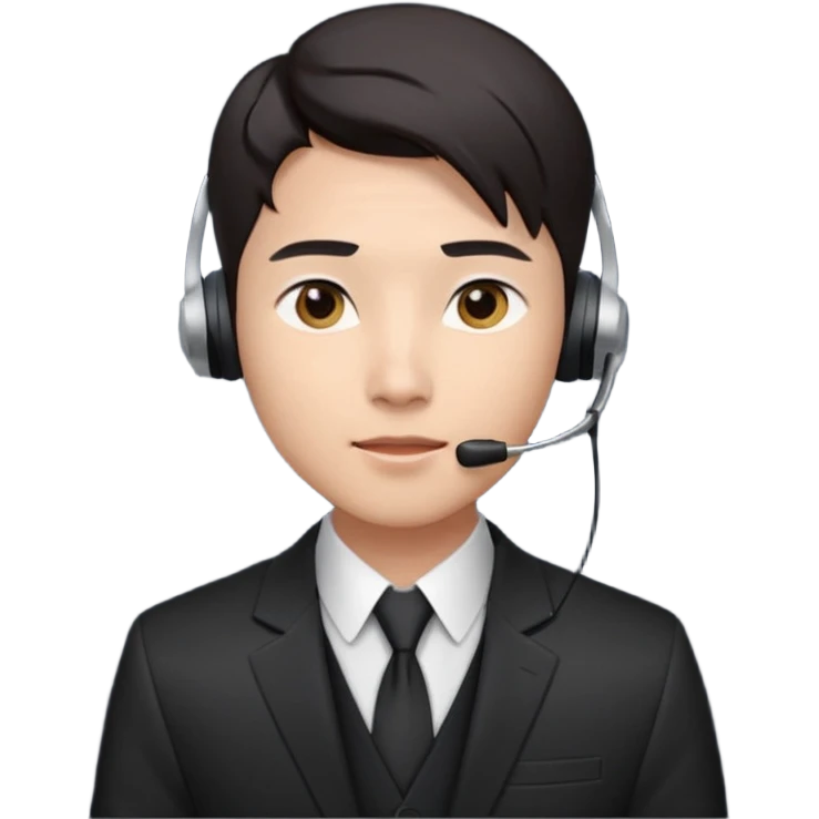 A young Asian man with smooth light skin, dark hair that swoops upward in the front, expressive eyes, a clean-shaven face, and a call-center style headset over one ear, usually paired with a crisp shirt and suit jacket visible from the chest up. emoji