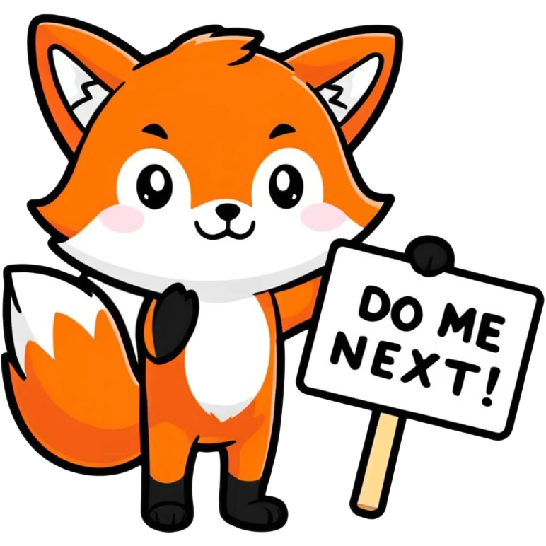 blushing fox holding a sign with the text 'do me next please?' cartoon sticker style emoji