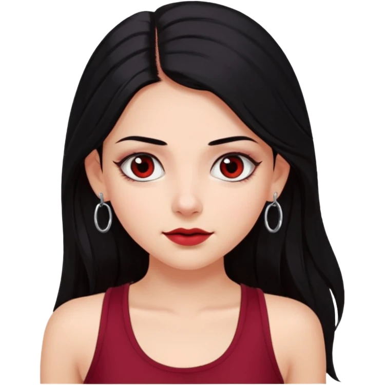 a pretty bratz fair girl with long black hair, kajal under eyes, small silver hoop. Dark cherry red tank top on.  emoji