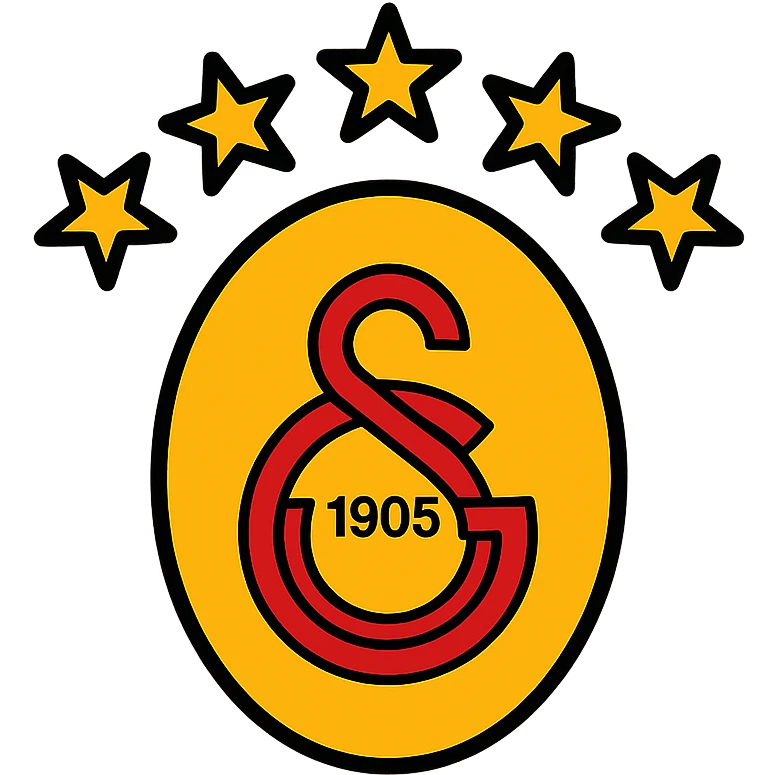 Galatasaray emblem with 5 stars above, yellow and red palette, sleek modern logo, minimalistic, color outline icon style emoji