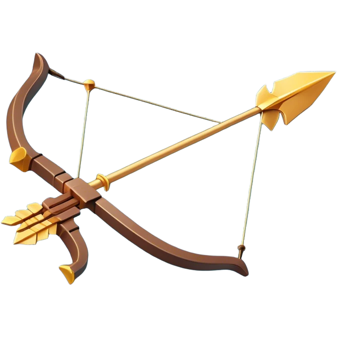 Clash of Clans aesthetic: Cinematic Playful Pixel 3D Bow & Arrow Portrait Emoji, rendered in a 3D vector-style similar to standard emojis with minimal shading and bold, simplified shapes. A compact, distinct form with signature details, softly glowing with a pixelated adventure charm. Simplified yet unmistakably iconic, highly detailed and consistent, glowing with a soft radiance and high shine. Stylized with a touch of classic pixel-art charm and a soft glowing outline, capturing the essence of a beloved gaming relic with a friendly, playful manner! emoji