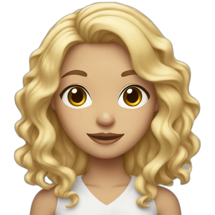 blonde girl with shoulder length wavy hair and grey eyes holding peace sign emoji