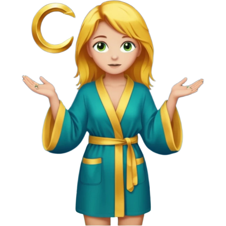 lightly tanned skin, green-blue eyes, cute and sexy girl with bright yellow-brown hair in a dark sky pallete robe, golden rings, slight cute makeup, full body emoji
