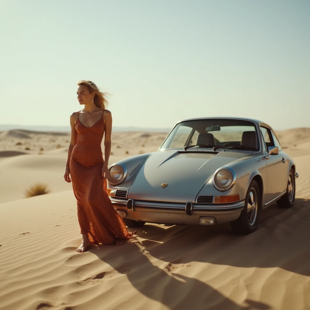 Cinematic still of a woman next to  porsche 911 on desert emoji