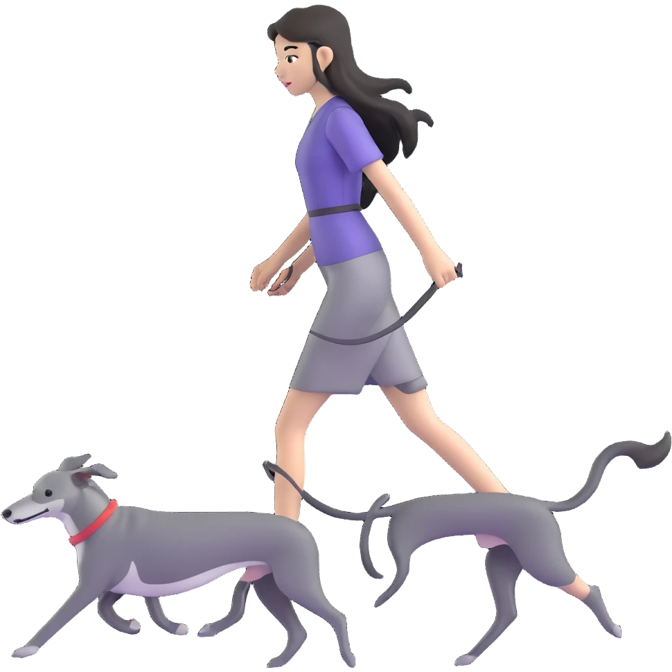 Japanese girl with flowing hair walking a solid grey greyhound with no white markings emoji