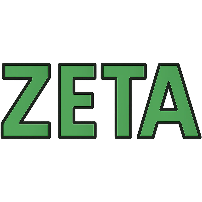 the word ZETA in all capital letters, fully spelled out in a bold modern sans-serif font, filled with vibrant green color, centered, clean and easy to read emoji