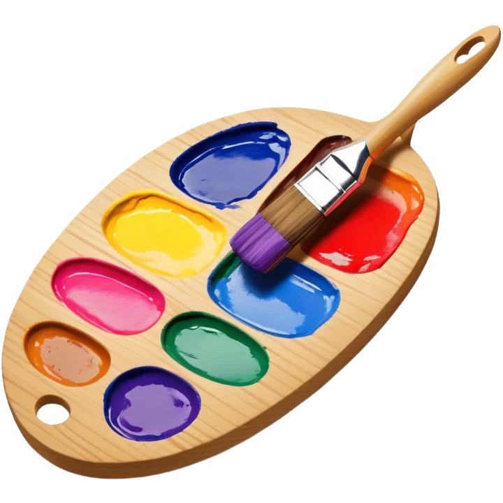 Cinematic Realistic image of a vibrant paint palette and brush, featuring a wooden palette smeared with an array of richly blended colors and a finely detailed brush with soft, delicate bristles, set against a softly textured background that evokes artistic inspiration emoji
