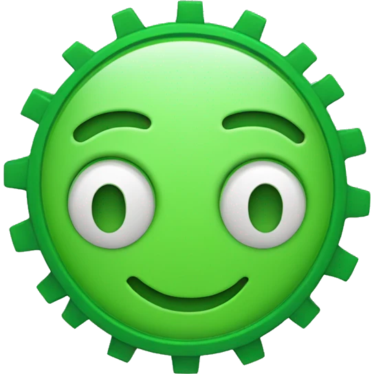 smiley image with face as a green circular outline, with two green gear-shaped wheels as eyes and a green curved smile emoji