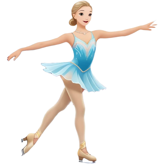 An colorful icon featuring a graceful figure skater performing a spin on the ice. The background includes a grand ice rink palace with shining spotlights and cheering spectators in the stands. Transparent background highlights the elegance and artistry of figure skating emoji