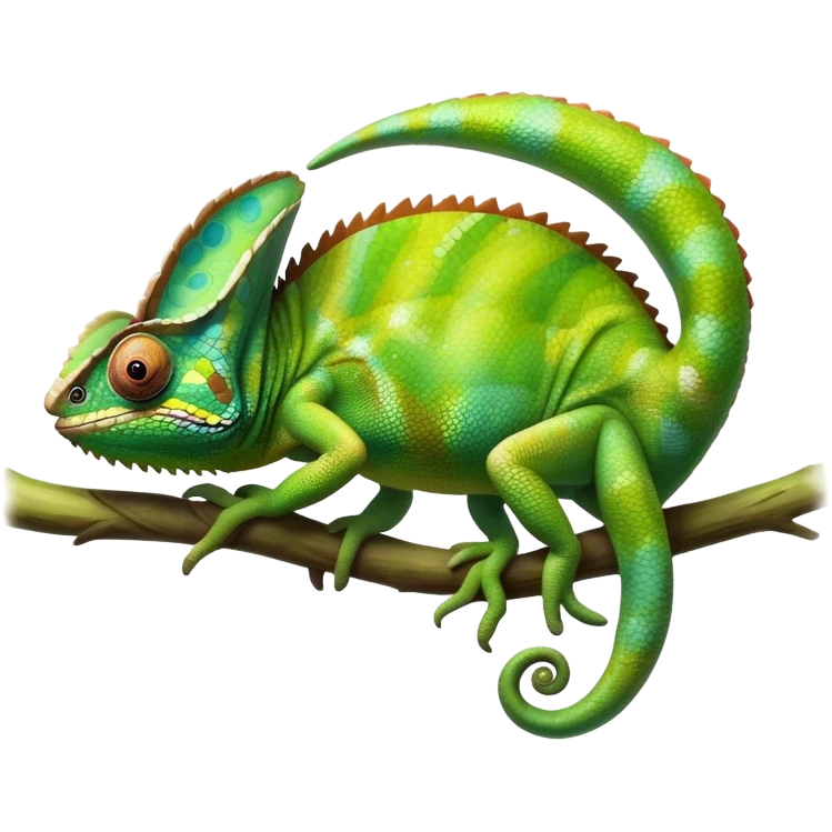 Giant Chameleon blending into natural surroundings, perched on a branch. Its vibrant colors shift with the environment. Lush greenery, branches, and soft sunlight create a peaceful, nature-filled background. Transparent background, showcasing the chameleon's colorful, textured skin. emoji