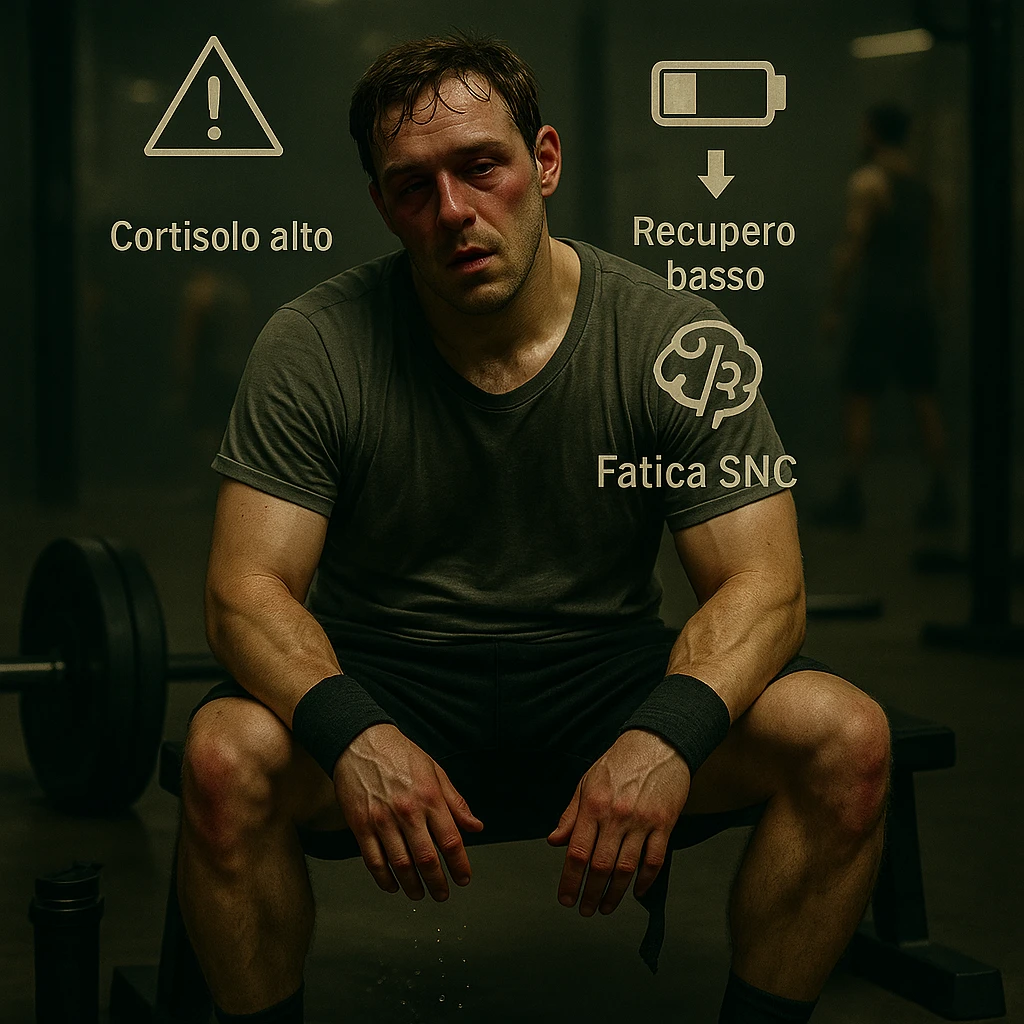 Add floating symbols above the head with Italian text: 'Cortisolo alto', 'Recupero basso', 'Fatica SNC'. The style should be raw cinematic with muted colors and dramatic lighting. The symbols must be clear and legible. emoji