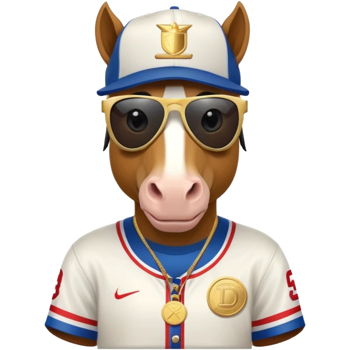 friendly anthropomorphised horse in RUN DMC style outfit, gold medal, baseball hat, sunglasses emoji