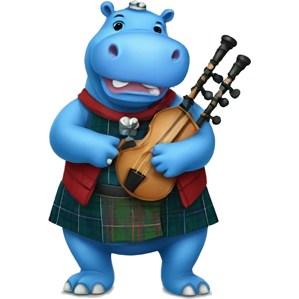 Blue hippo with bagpipes and traditional Scottish clothes emoji