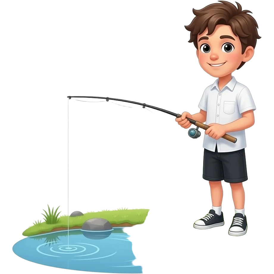 a tall teenager with shaggy hair and a white shirt with black shorts standing by a pond fishing emoji