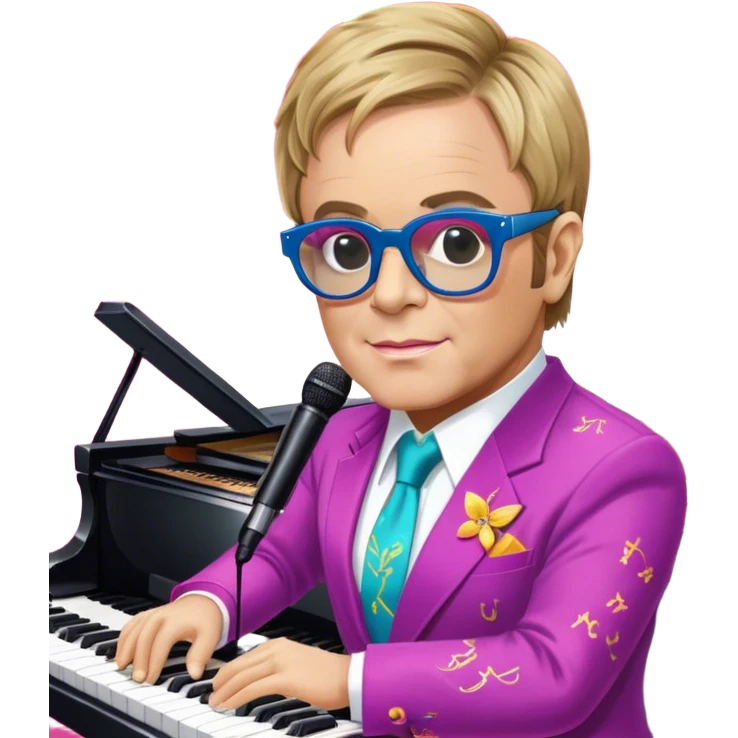 Pop music icon: Elton John at the piano in signature glasses and colorful outfit, George Michael holding a microphone in stylish attire. Stage lights and musical notes in the background. Transparent background. emoji