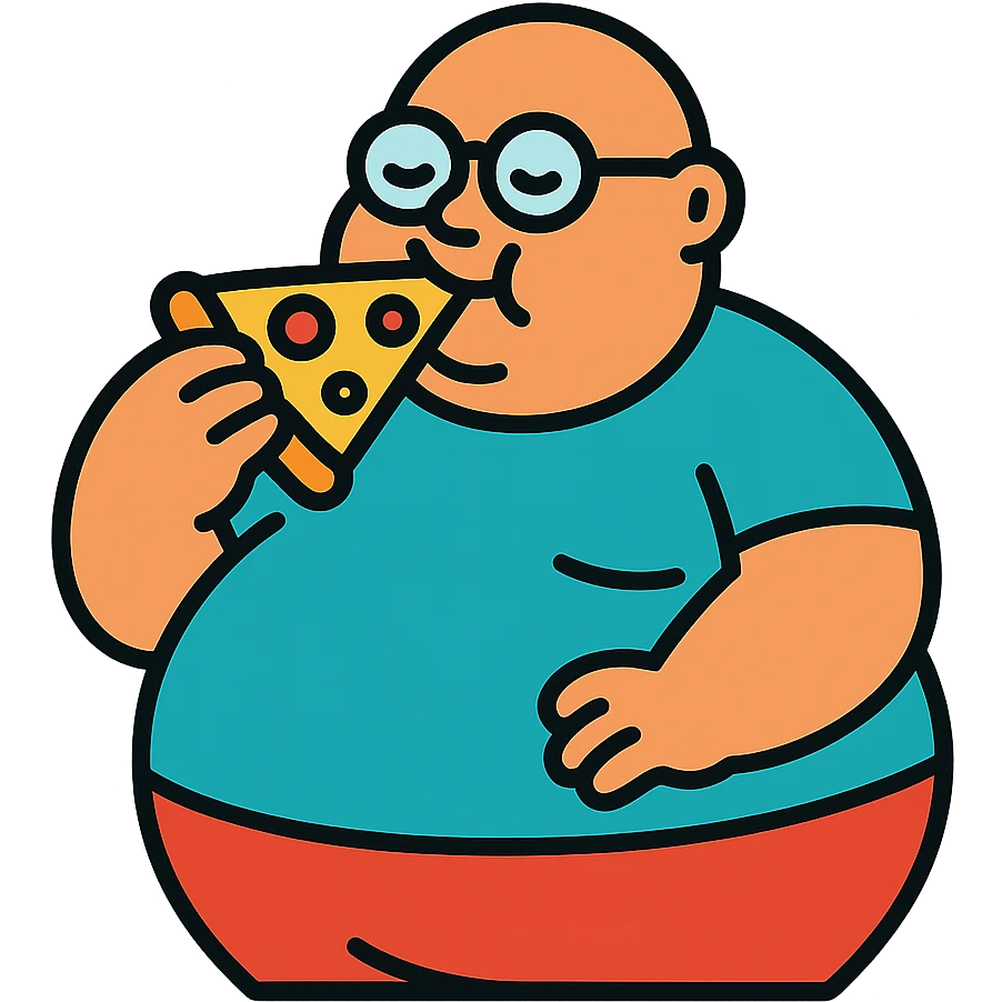 very fat bald man with glasses eating pizza emoji