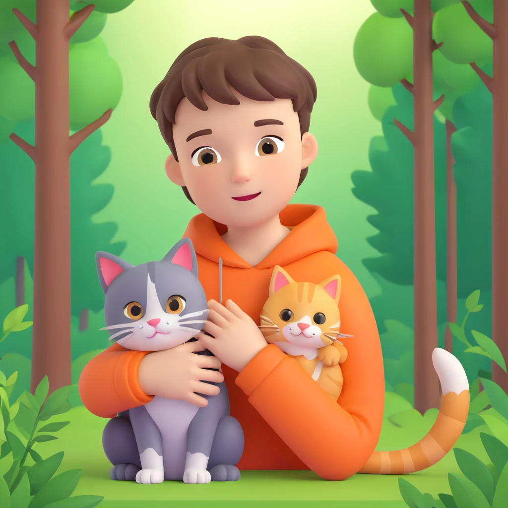 boy and cat pet in forrest background, close up pose emoji