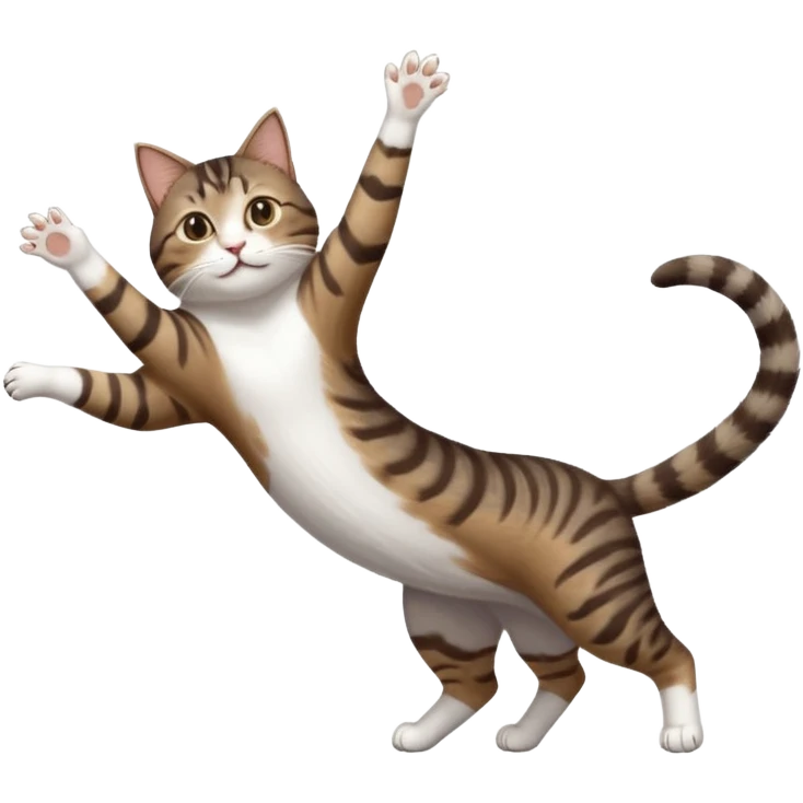 dark brown tabby and white cat with doing a big extremely long stretch reaching up into the air with arms and legs side by side together straight and overextended whilst lying on its side emoji