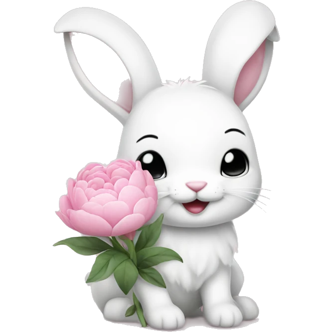cute white bunny holding light pink peonies emoji