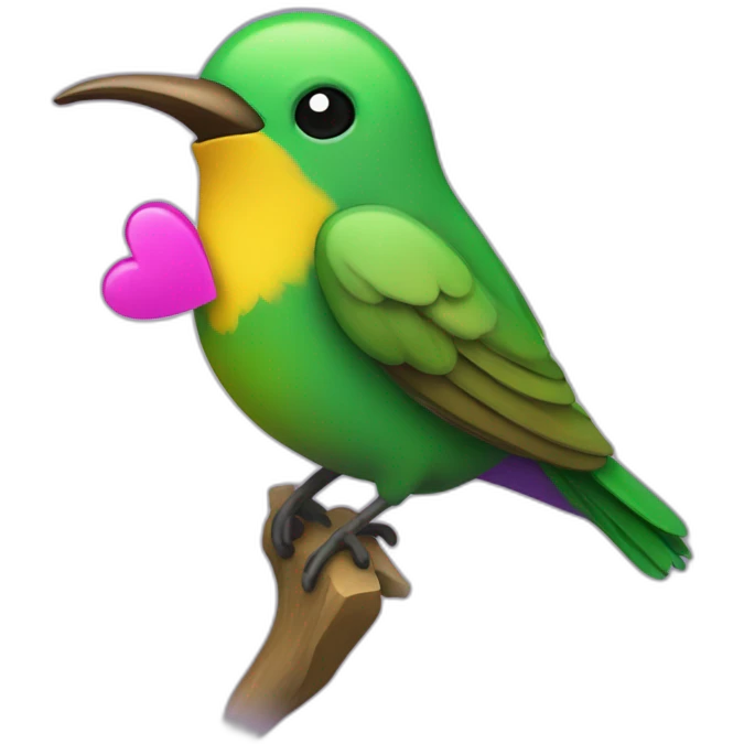 emoji de un colibrí de color verde y morado con un corazón Amarillo emoji