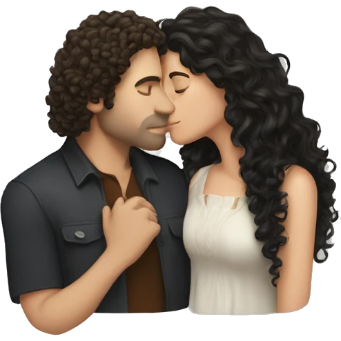 White Man with dark hair kissing white woman with long dark curly hair emoji