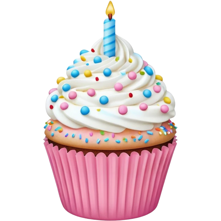 birthday cupcake with white cream, and colorful sprinkles on the top. IOS emoji style. Use pastel colors. pink, sky blue, white. emoji