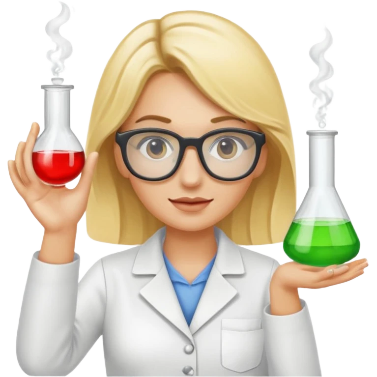 Eine hellblonde Chemikerin mit typischem Erlmeyerkolben in der Hand und Laborbrille auf emoji