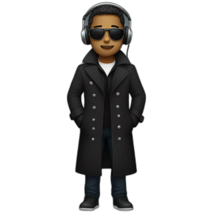He should wear headphones and wear a black trench coat.  emoji