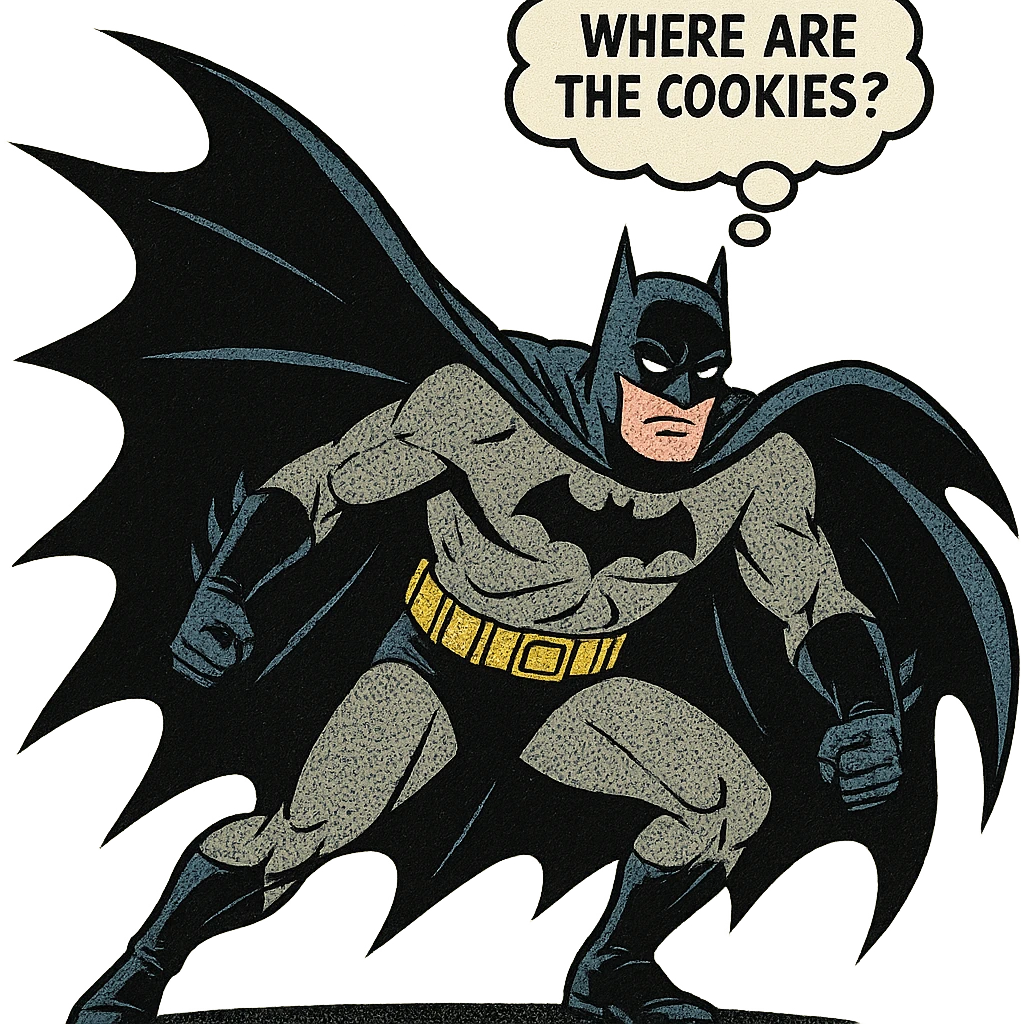 Batman in a dramatic pose, cape flowing, with a thought bubble: 'Where are the cookies?'. emoji
