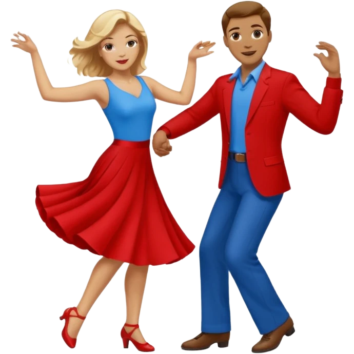 Two people. Man  wearing all red  with brown hair. Women iall blue with blond hair. Swing Dancing.  emoji
