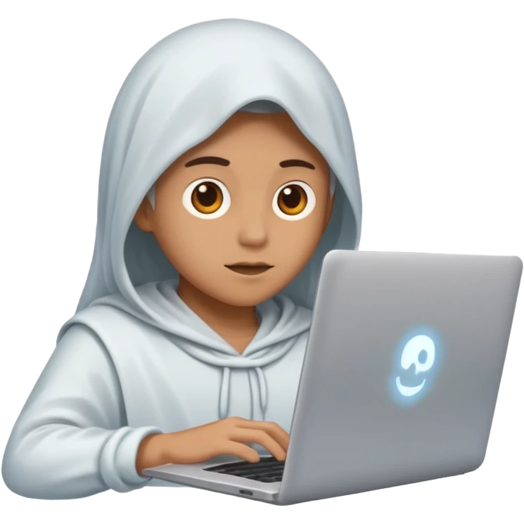 Create an emoji where an ungender person sits in front of the desk, designing ghost characters on laptop. Please refer to the attached image for ghost characters. emoji