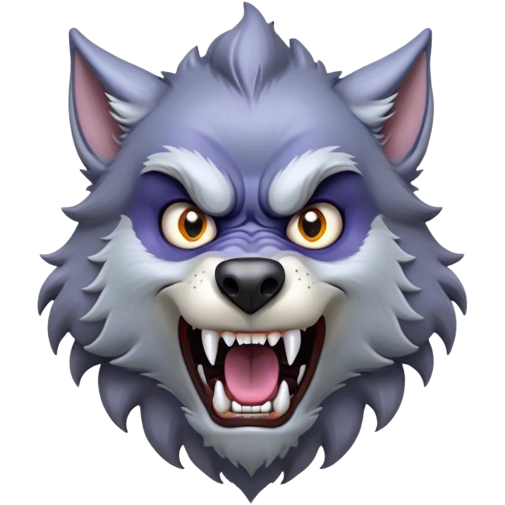 Cinematic Comical Werewolf Portrait Emoji, with a whimsically exaggerated lupine face in vivid moonlit grays and silvers, head cocked in a dramatically shocked expression with comically oversized, wide eyes and a playful snarl, simplified yet hilariously expressive, highly detailed with a soft cartoonish glowing outline capturing the mischievous humor of a werewolf mid-transformation! emoji