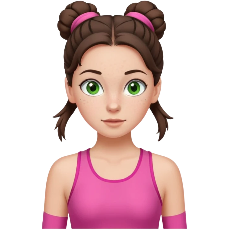 a white brunette girl with green eyes and freckles going for a run in a pink outfit with hair up in bun emoji