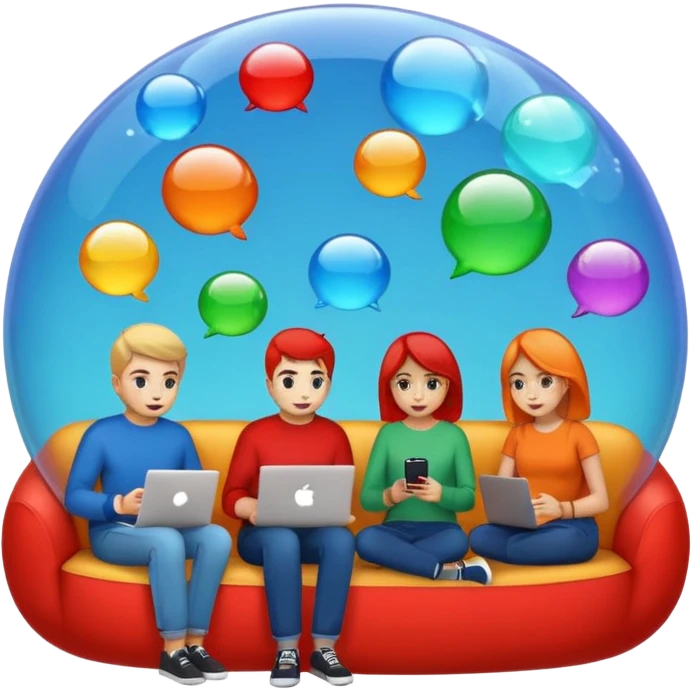 Multiple people inside colorful transparent bubbles (blue, red, orange, green), each using a smartphone or laptop. The people are in casual clothing, and the background is a simple cityscape with soft lighting. Emoji-style, clean and modern design. emoji