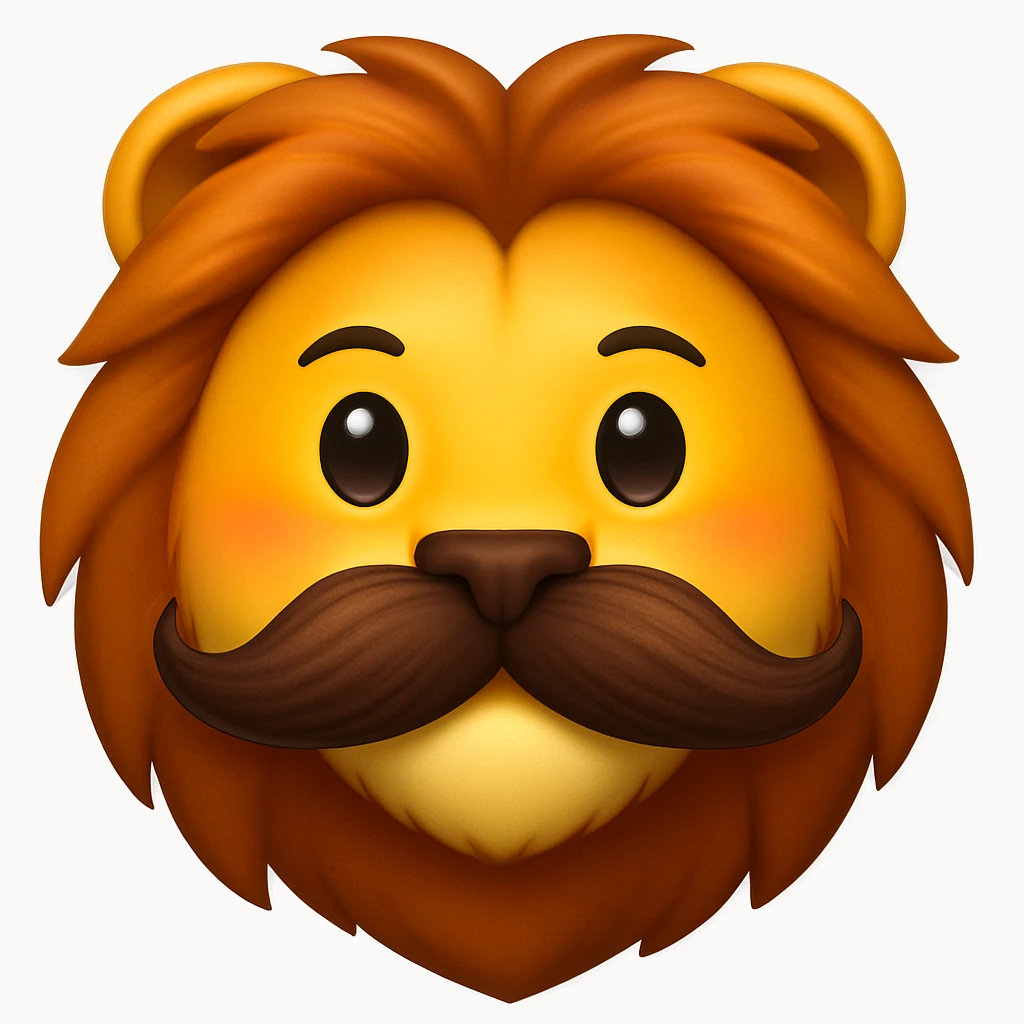 Make a lion emoji exactly like the reference image, in iOS emoji style. Same face, mane, and mustache, smooth and shiny. Add a slight blush to the cheeks. emoji