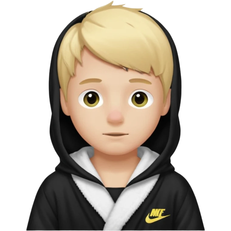 Create a blond boy with long, messy hair, light eyes, a white t-shirt, rich, with long hair, blue eyes, medium-length, voluminous hair, wearing a black Nike bathrobe and a little blush near his nose. and with a balaclava like a ninja emoji