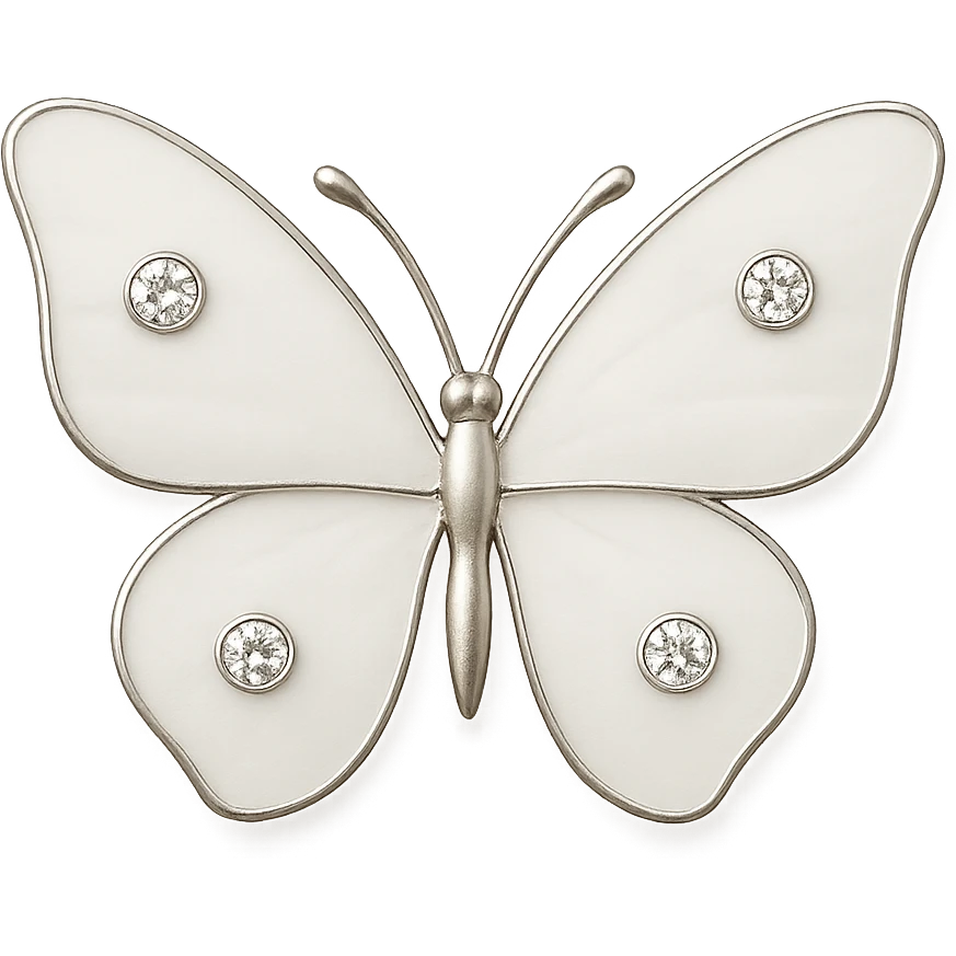 single soft white butterfly, matte white enamel, sparkling gems, transparent background emoji