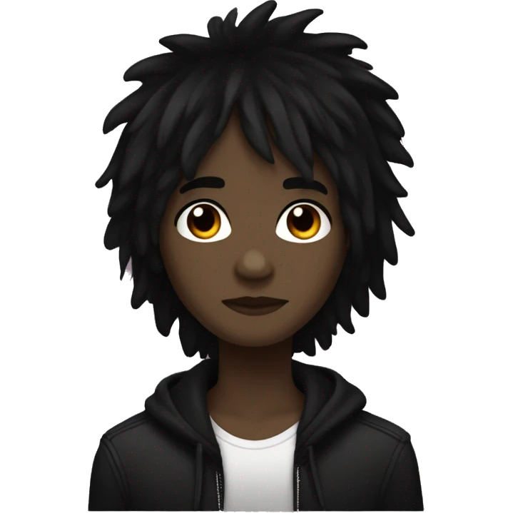 darker skin, brown eyes, black layered shag hair, emo emoji